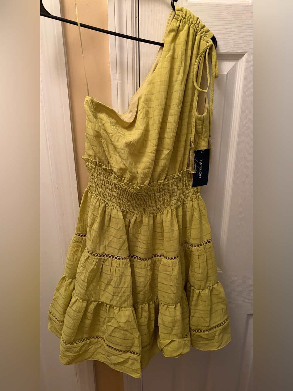 TAYLOR One-Shoulder Yellow/Green Tiered Sundress Size Small NWT